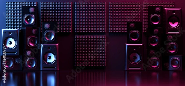 Fototapeta Neon Glowing Purple Blue Performance Music Studio Vibrant Electric Synthwave Club Loud Speakers Show Event Empty Room Shiny Stage Poidum Concert 3D Rendering