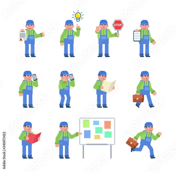 Fototapeta Set of worker or mechanic characters showing various poses. Labour worker in blue overalls holding stop sign, walking, talking on phone and showing other actions. Flat design vector illustration
