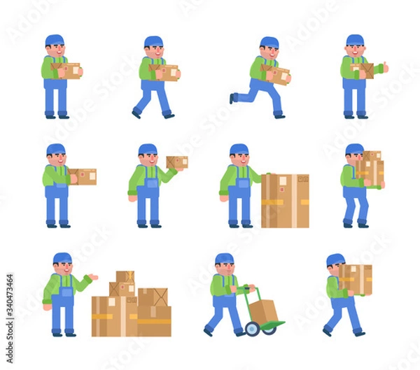 Fototapeta Set of delivery service worker posing with parcel box. Courier or carrier holding delivery box, running, walking and showing other actions. Flat design vector illustration
