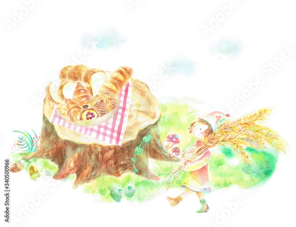 Fototapeta パンの盛り合わせ　小麦を運ぶ小人