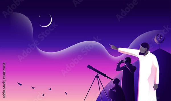 Obraz Ramadan mubarak, Muslim searches at sky with binocular for the new moon (hilal) that signals the start of the Islamic holy month of Ramadan, on the dome of Masjid or Mosque