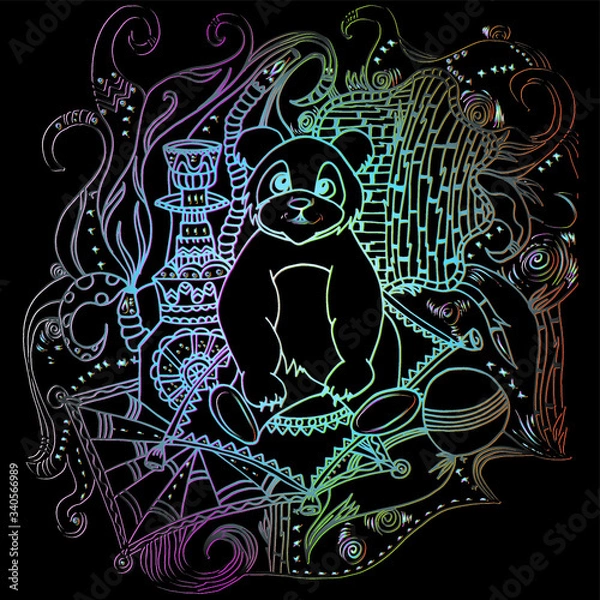 Obraz Panda in a tent. Bear smokes a hookah. Bamboo branches and carpets on the floor and walls. Bright psychedelic drawing. Freehand sketch. Bright outline.
