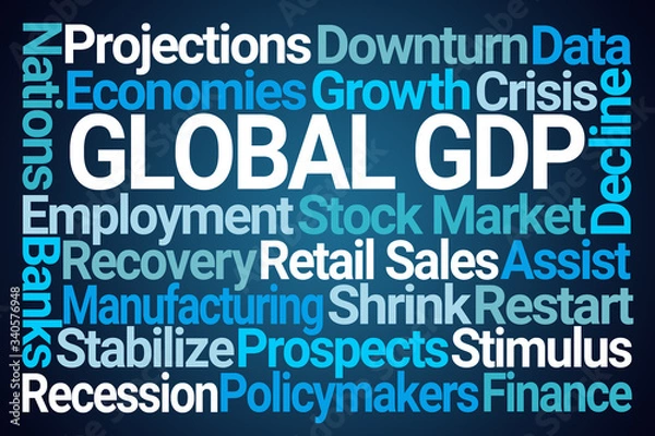 Fototapeta Global GDP Word Cloud on Blue Background