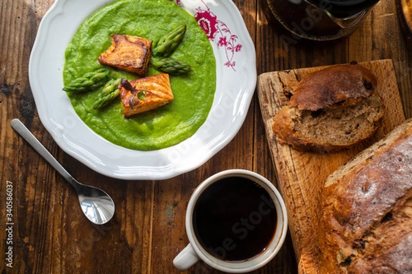 Fototapeta healthy breakfast: wholewheat bread, baked salmon and asparagus sauce