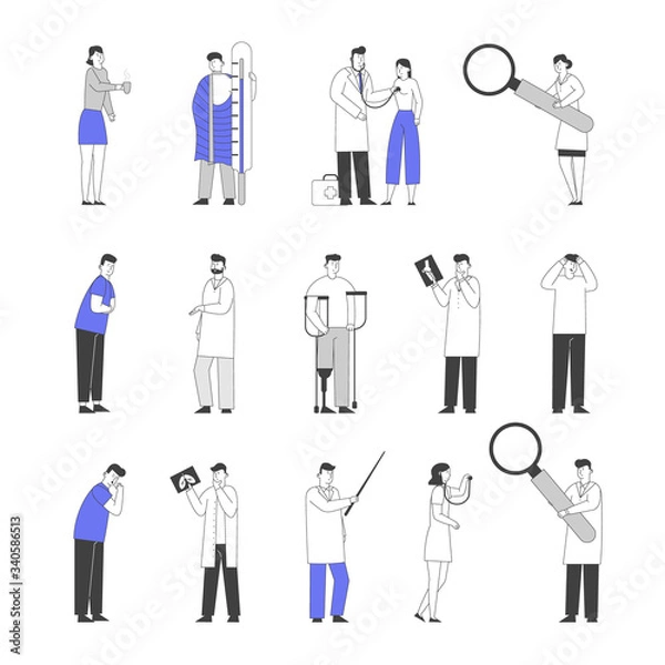 Fototapeta Set of Doctors and Patients Characters. Handicapped People with Leg Fracture and Prosthesis, X-rays and Mri Scanner Image. Sick Person Treatment in Medical Clinic Chamber. Linear Vector Illustration