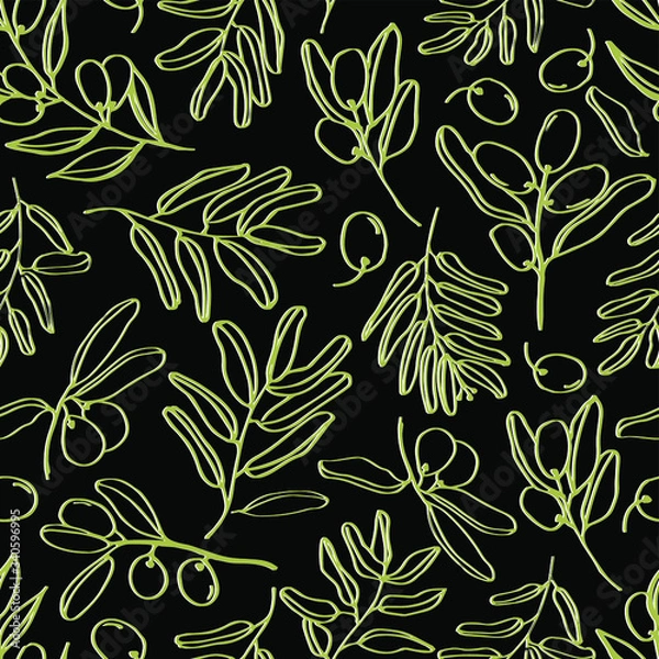 Obraz Olives seamless pattern with olive branches and fruits for Italian cuisine design or extra virgin oil food or cosmetic product packaging wrapper. Hand drawn Illustration in vector.