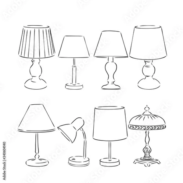 Fototapeta Set of sketched table lamps with lampshades. Vector illustration. Set of isolated black contoured objects on white background. table lamp vector sketch illustration