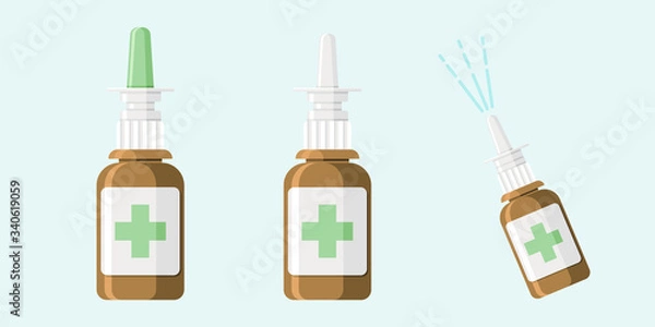Obraz Nasal spray flat vector illustration. Set of three illustrations.