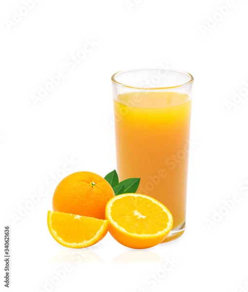 Fototapeta Fresh orange juice and orange fruit sliced with leaves isolated on white background with clipping path