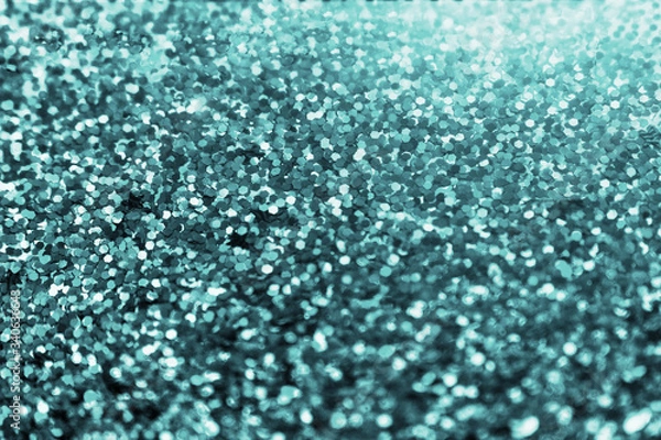 Fototapeta Abstract aqua mint glitter sparkle background. Seasonal cooling light decorative design element beautiful turquoise