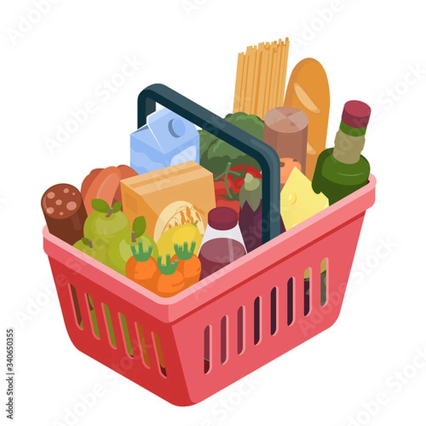 Fototapeta Red shopping basket with different food isometric illustration. Stock vector. Grocery shopping, supermarket illustration. Isolated on white.