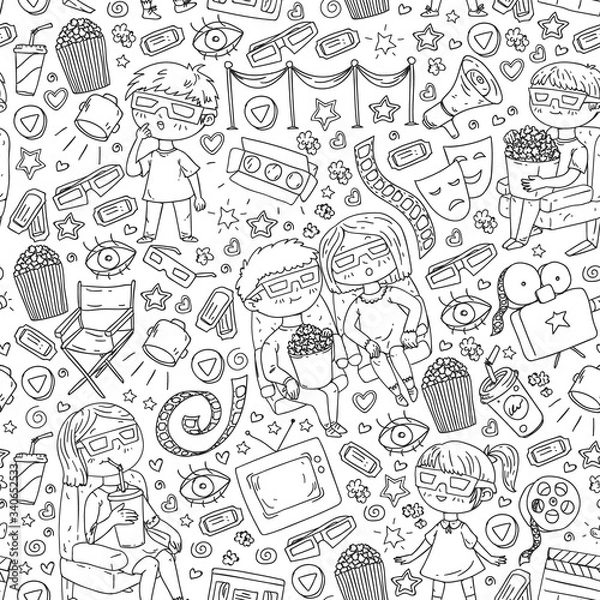 Obraz Vector pattern with cinema icons of movie theater, TV, popcorn, video clip. Kindergarten and school children watching movies.