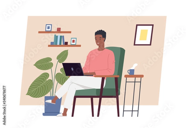 Fototapeta Stay at home. Young man working on laptop computer at home. Freelance, work at home, remote work and home office. Vector illustration in a flat style