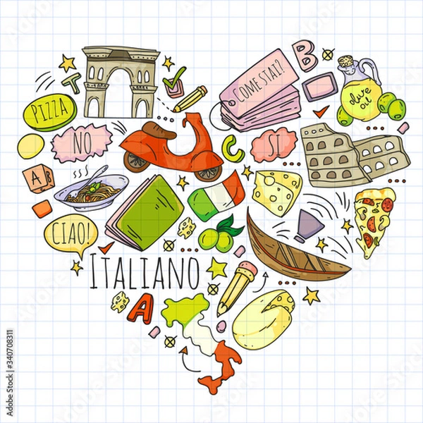 Fototapeta Italian language learning. Vector pattern with icons and national symbols of Italy.