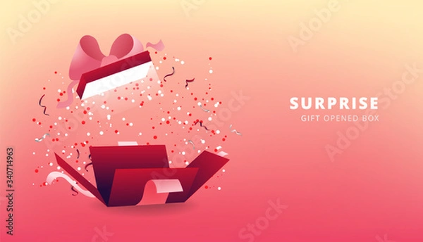 Obraz Surprise red gift box with pink ribbon and confetti. Open gift box Party, Shopping poster. Valentine's Day design.