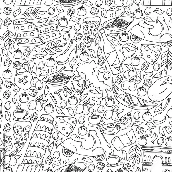 Obraz Italy vector elements and icons. Doodle pattern with italian culture, cities Roma, Venice, Milan, cheese, wine.