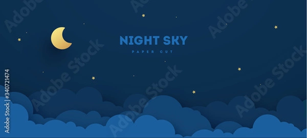 Fototapeta Paper cut night sky. Dreamy background with stars and clouds, abstract fantasy background. Vector origami styling design backdrop illustration