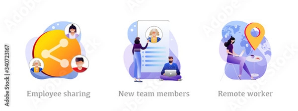 Fototapeta Employee sharing, new team members, remote worker metaphors. Vector isolated illustrations