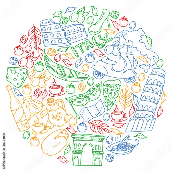 Fototapeta Italy vector elements and icons. Doodle pattern with italian culture, cities Roma, Venice, Milan, cheese, wine.