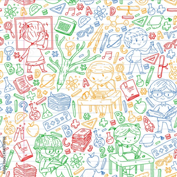 Fototapeta Back to school. Vector icons and elements for little children, college. Doodle style, kids drawing