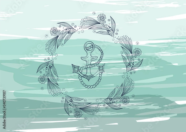 Fototapeta Marine round composition with anchor and fish on pale blue, turquoise abstract background. Nautical linear composition and illustration. Vector template for postcard, flyer, tag, label and bookmark.