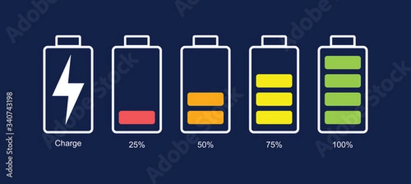 Fototapeta Battery icon set. Vector illustration. Discharged and fully charged battery smartphone. Set of battery charge level indicators. Icon isolated on black background. Vector info graphic.