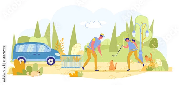 Fototapeta Work on Catching Stray Cats in City Streets, Flat.