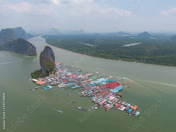 Obraz Drone shot of Aerial view over Ko Panyi floating village in south of Thailand. Ko Panyi is a fishing and muslim village in Phang Nga Province.