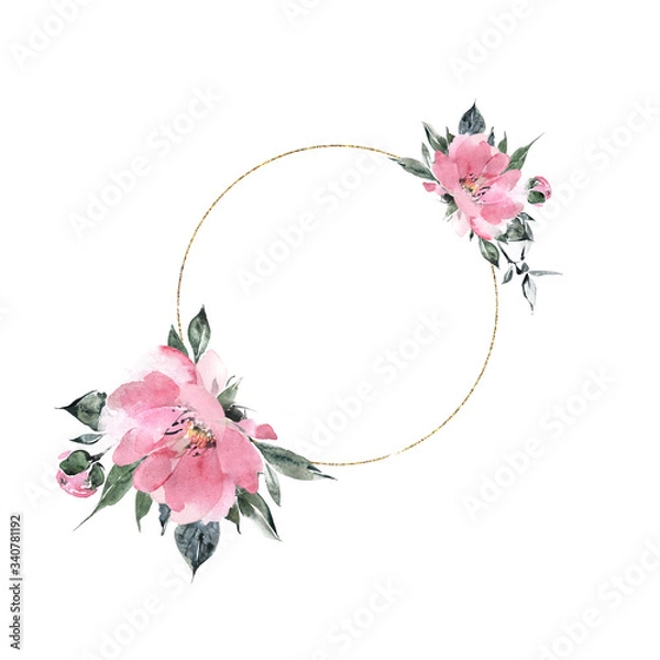 Fototapeta Round frame with a bouquet of pink peonies. Abstact watercolor style.