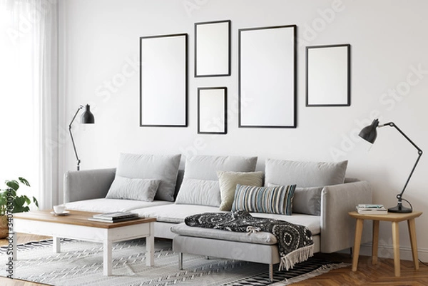 Fototapeta Frame mockup in scandinavian interior. Interior mockup. 3d rendering, 3d illustration
