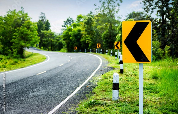 Fototapeta Road Traffic Transportation Sign. Sharp Curve To The Left