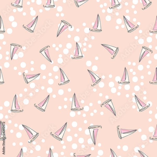 Fototapeta Coastal Vector seamless pattern with small pink sketched sailboats and white dots. Delicate peach color background.
