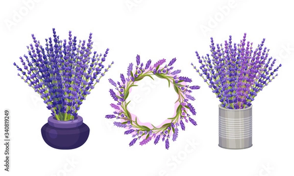 Fototapeta Lavender Floral Twigs Put in Flower Pots and Arranged in Wreath Vector Set