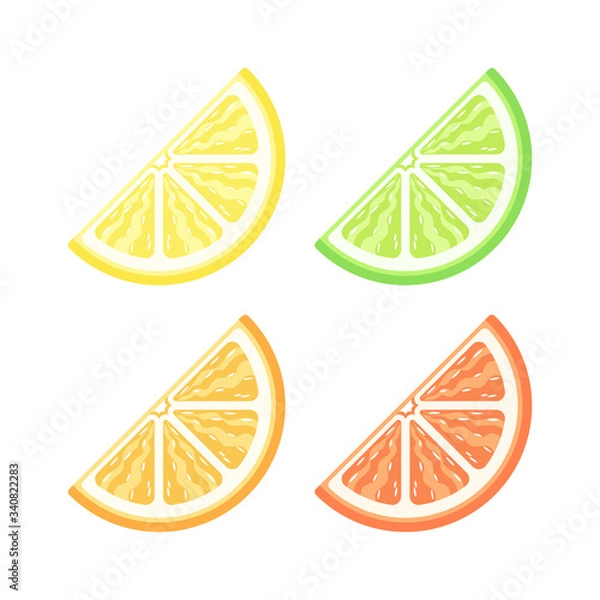Fototapeta Citrus fruit quarter slice flat detailed with pulp vector icon design colored set. Lemon lime orange grapefruit sign symbol illustration.