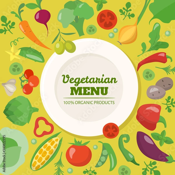 Fototapeta Vegetarian menu cover design with different vegetables and text