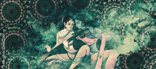 Fototapeta mandala colorful vintage artBeautiful Radha Krishna Matt Textured Art, ancient Indian vedic background design, old painting texture with multiple mathematical shapes