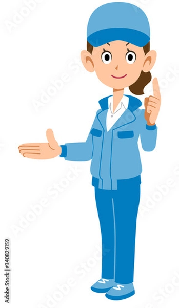 Fototapeta 右側を紹介し人差し指を建てる青い作業着を着た女性
