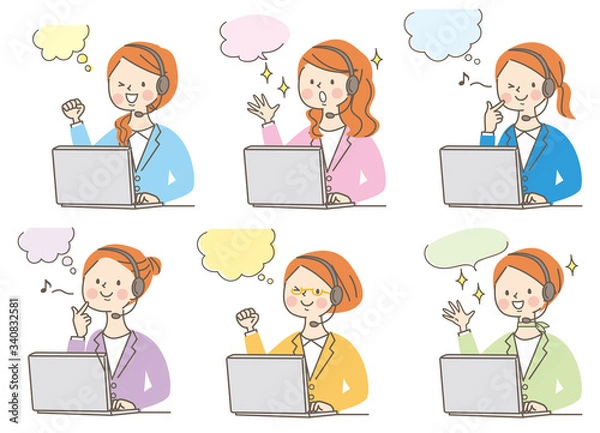 Fototapeta  パソコン　驚く　若い女性　スーツ　表情セット