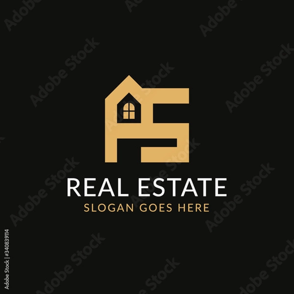 Obraz Creative real estate PS letter logo design. House, Property development, construction and building icon template. Isolated in dark background with gold color. Minimalist home vector in eps 10.