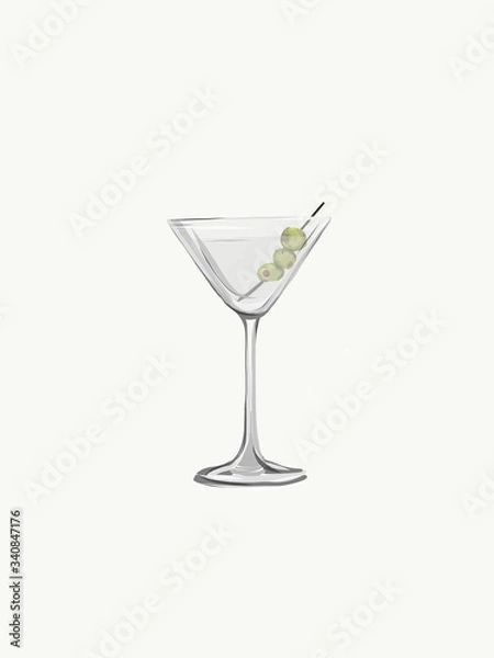 Fototapeta A hand drawn illustration of a dirty martini served with three olives in a traditional style glass. 
