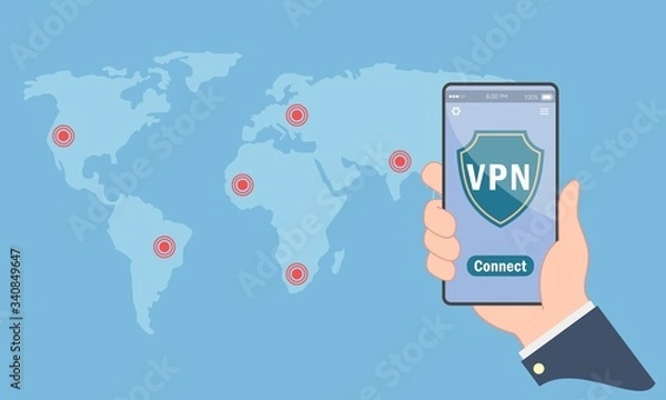 Fototapeta Illustration of computer user connecting to a secure and protected Virtual Private Network (VPN) via mobile phone.