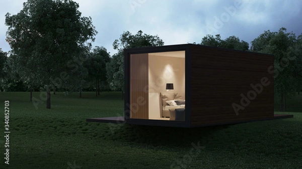 Obraz House from a construction transport container sheathed by boards against the background of nature. Night lighting. 3D rendering.