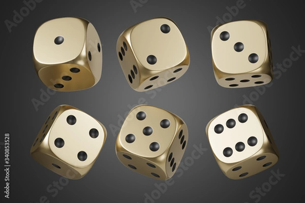 Fototapeta Set of golden dice isolated on black background. 3d rendering - illustration.