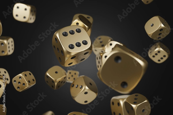 Fototapeta Set of golden dice isolated on black background. 3d rendering - illustration.