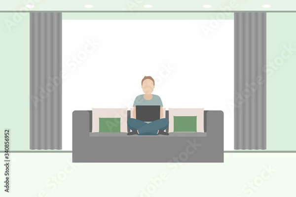 Obraz Man sitting on sofa with laptop. Vector illustration.