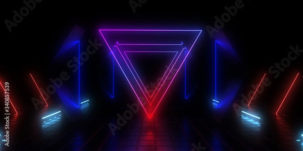 Fototapeta 3D abstract background with neon lights. neon tunnel .space construction . 3d illustration