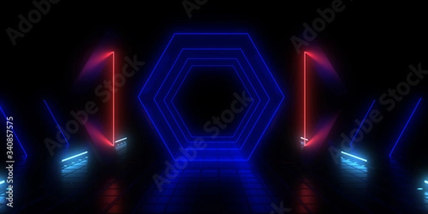 Fototapeta 3D abstract background with neon lights. neon tunnel .space construction . 3d illustration