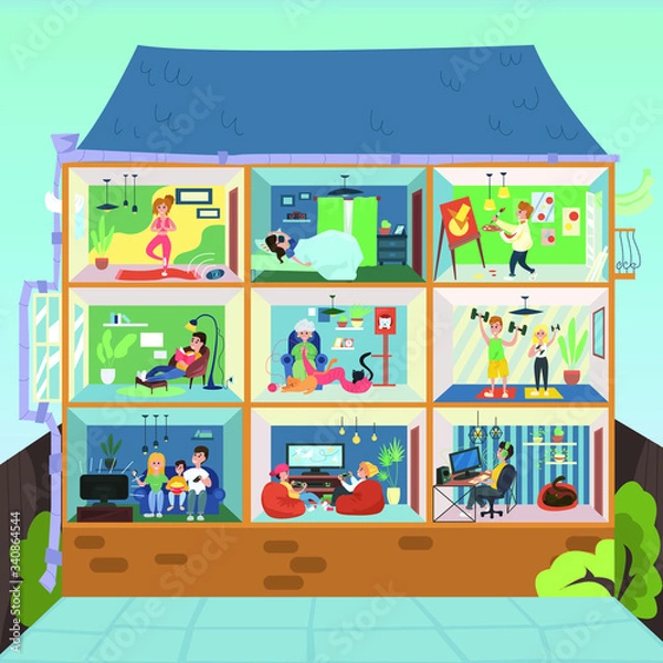 Fototapeta Vector illustration of house during corona virus isolation