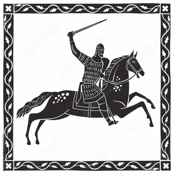 Obraz Silhouette of a knight galloping on a horse. Decorative graphics stylization of medieval miniatures. Vector hand illustration