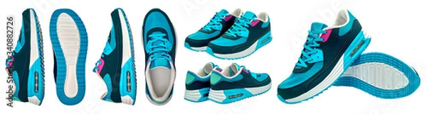 Obraz Pair of blue sport shoes on isolated on white background with clipping path. Blank new sneakers, copy space. Running shoes
